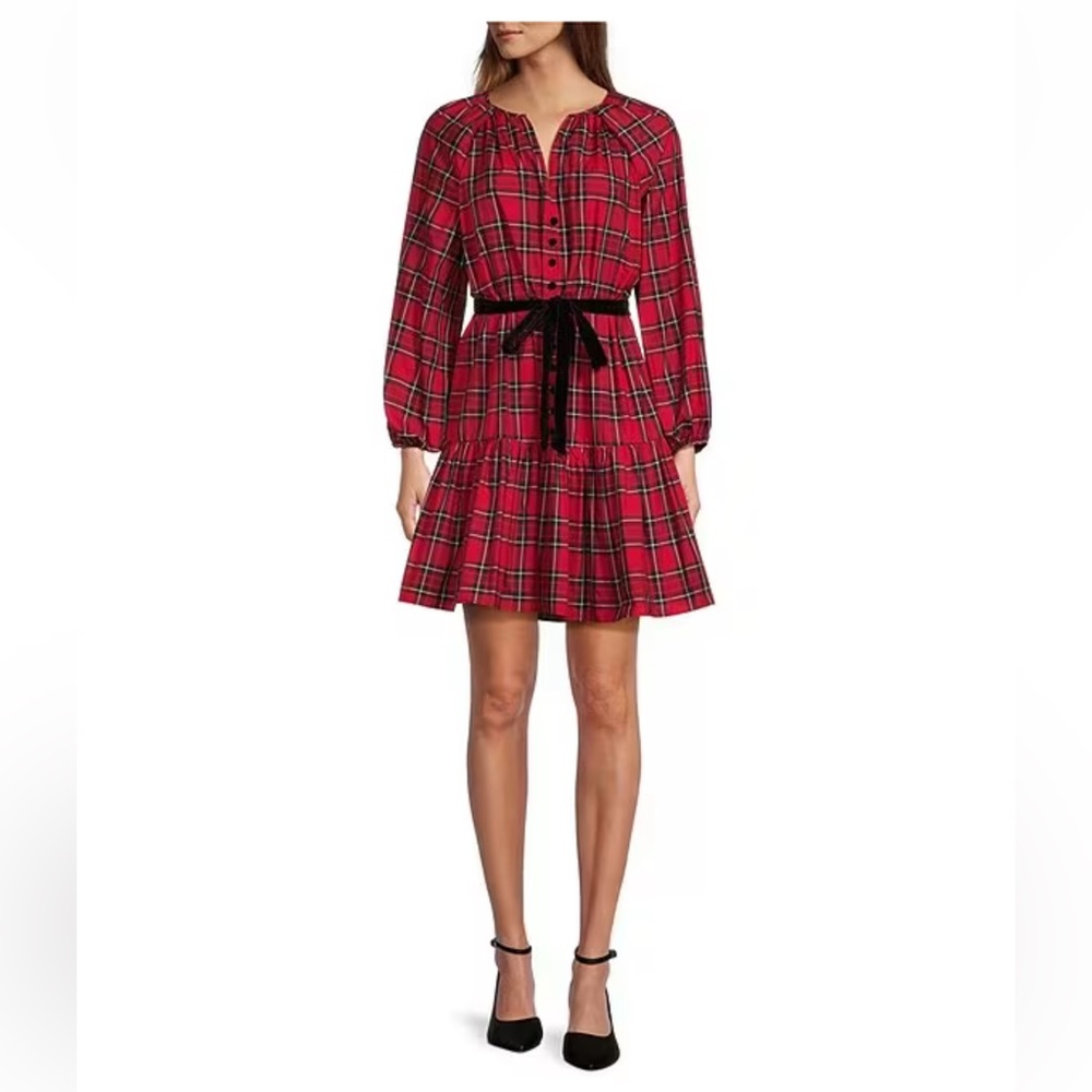 NWT Antonio Melani Karla Plaid Taffeta V-Neck Tie Belt Mini Dress